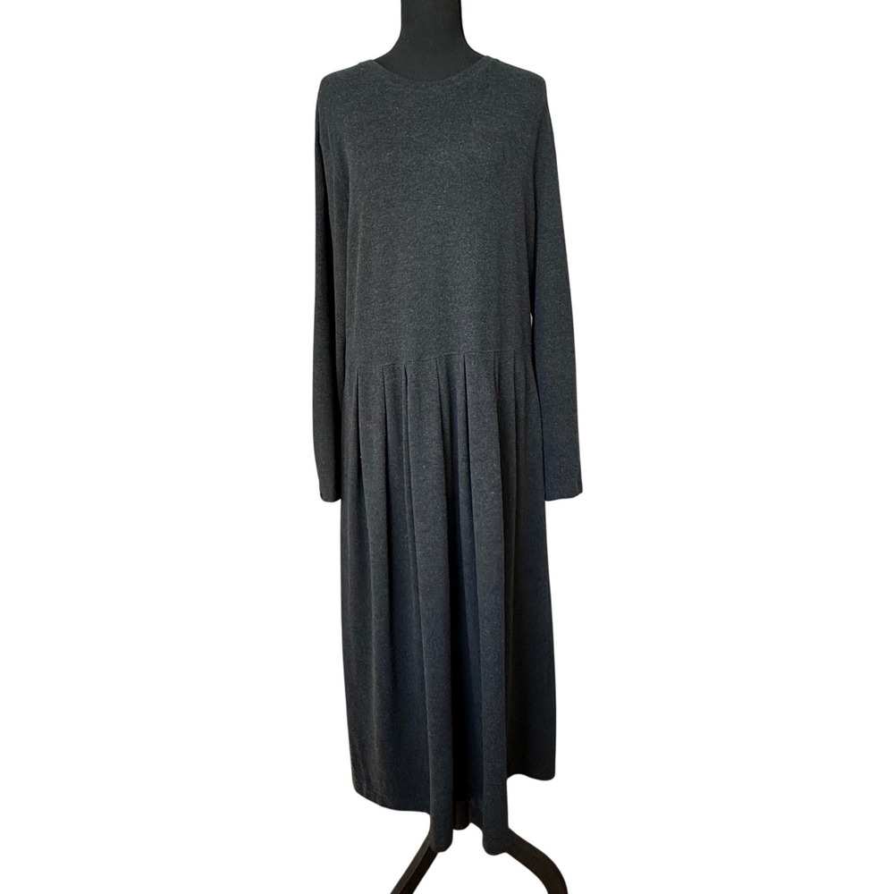Lands End Women Maxi Dress L 14-16 Gray Long Sleeve Pleated Cotton Blend Vintage